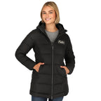 Geneva Long Recycled Packable Puffer Jacket for Women Embroidery - Black - On Model 7