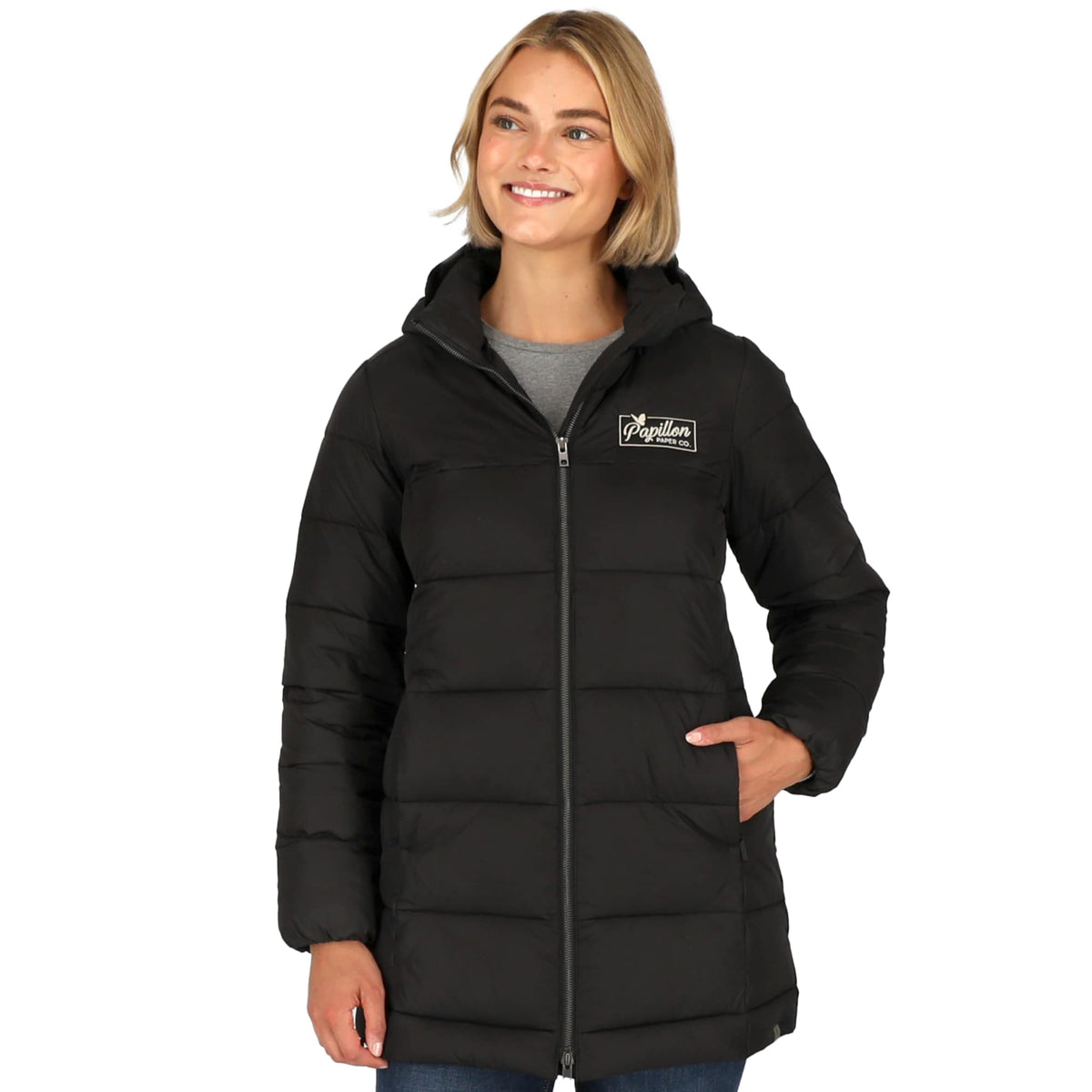 Geneva Long Recycled Packable Puffer Jacket for Women Embroidery - Black - On Model