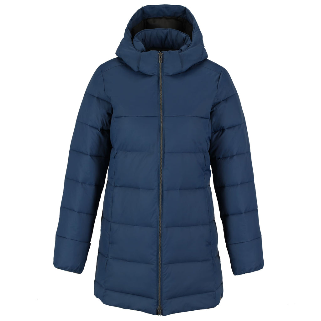 Geneva Long Recycled Packable Puffer Jacket for Women Embroidery - River Blue - Front