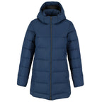 Geneva Long Recycled Packable Puffer Jacket for Women Embroidery - River Blue - Front