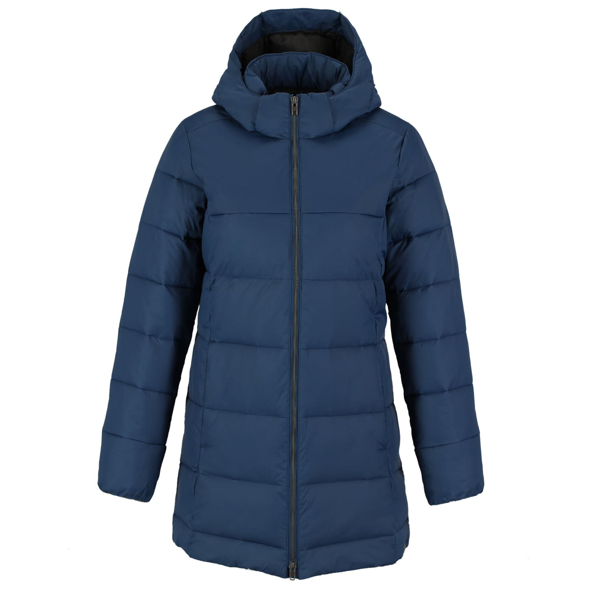 Geneva Long Recycled Packable Puffer Jacket for Women Embroidery - River Blue - Front