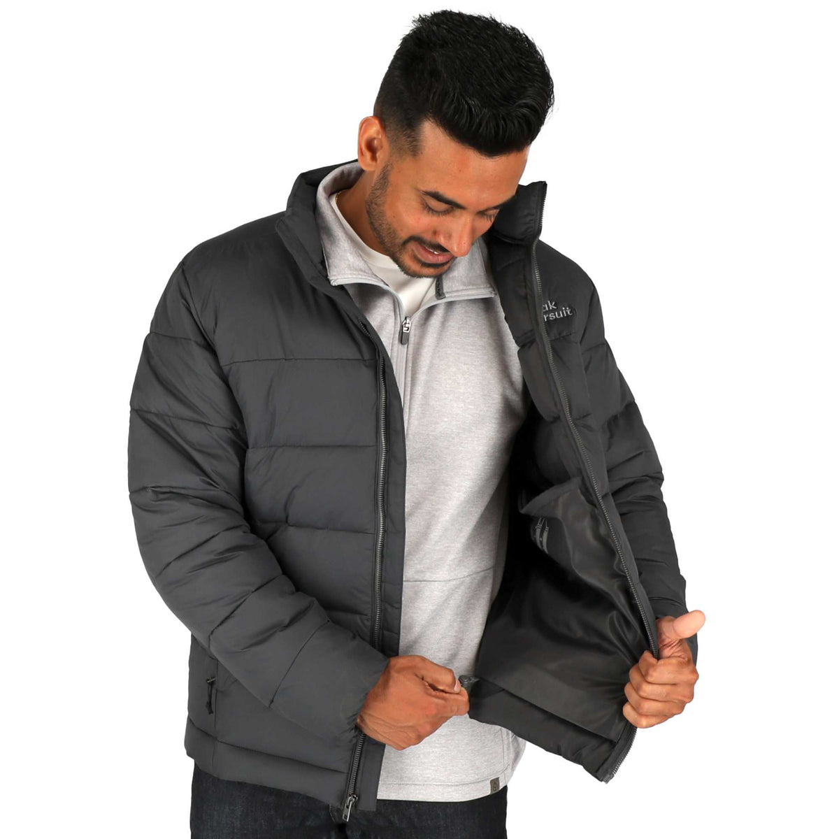 Geneva Recycled Packable Puffer Jacket for Men Embroidery - Grey Storm - On Model 6