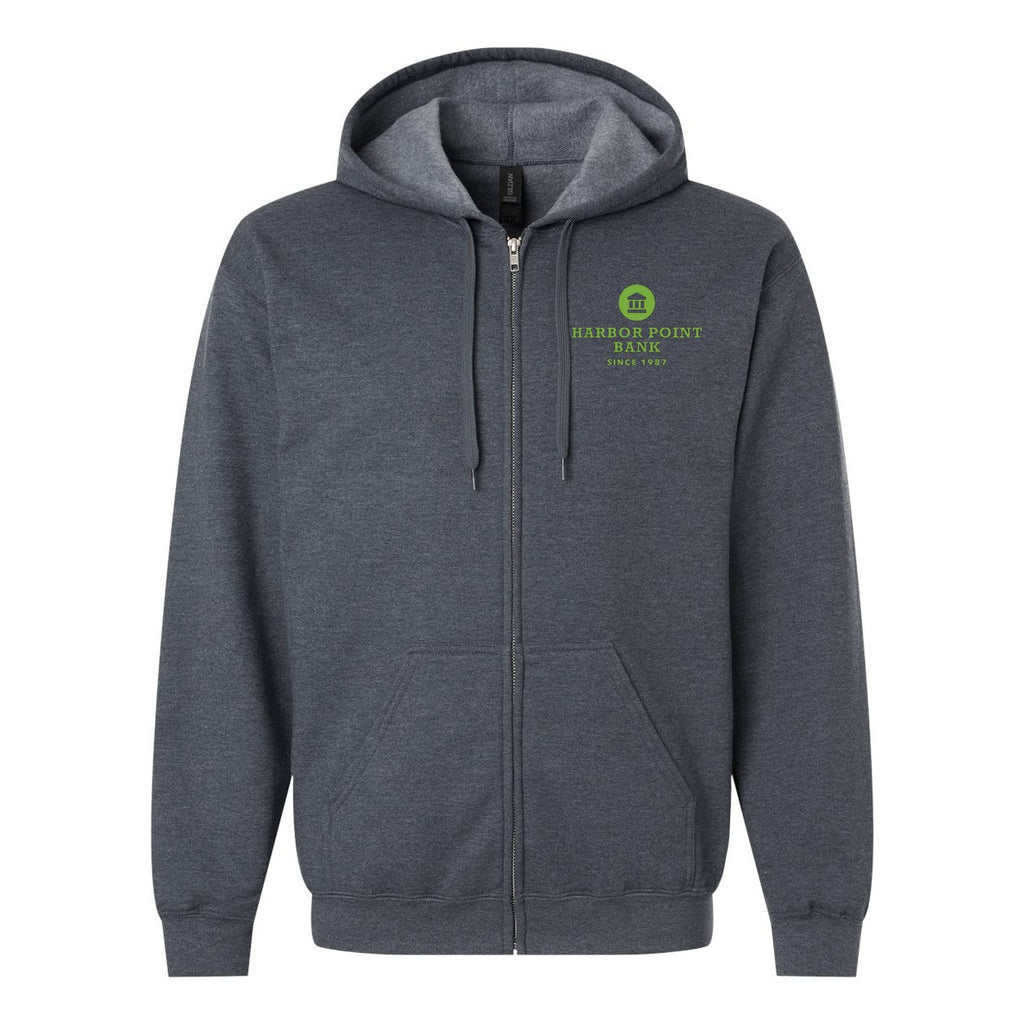 Gildan Unisex Softstyle® Midweight Full-Zip Hooded Sweatshirt Embroidery - Dark Heather - Front