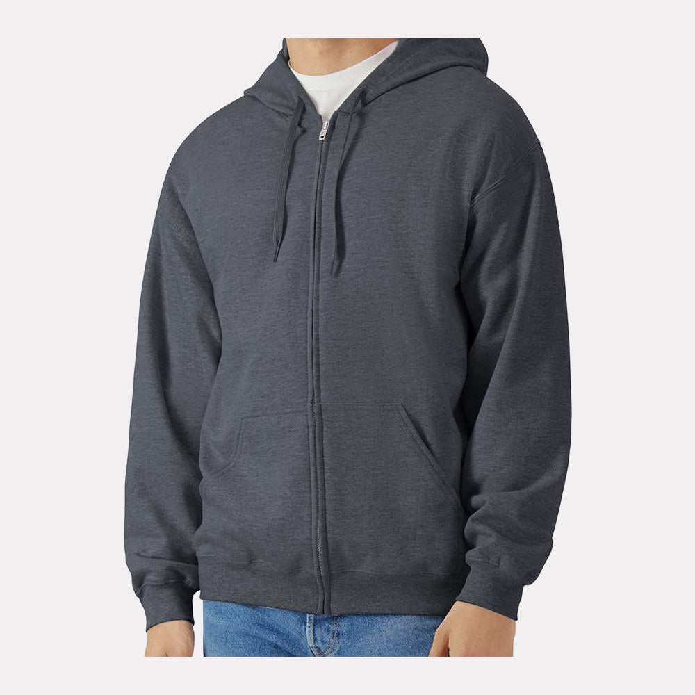 Gildan Unisex Softstyle® Midweight Full-Zip Hooded Sweatshirt Embroidery - Dark Heather - On Model Front