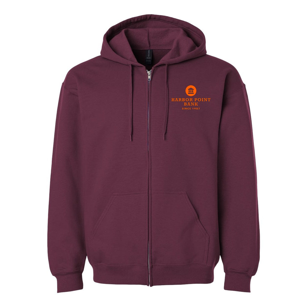 Gildan Unisex Softstyle® Midweight Full-Zip Hooded Sweatshirt Embroidery - Maroon - Front