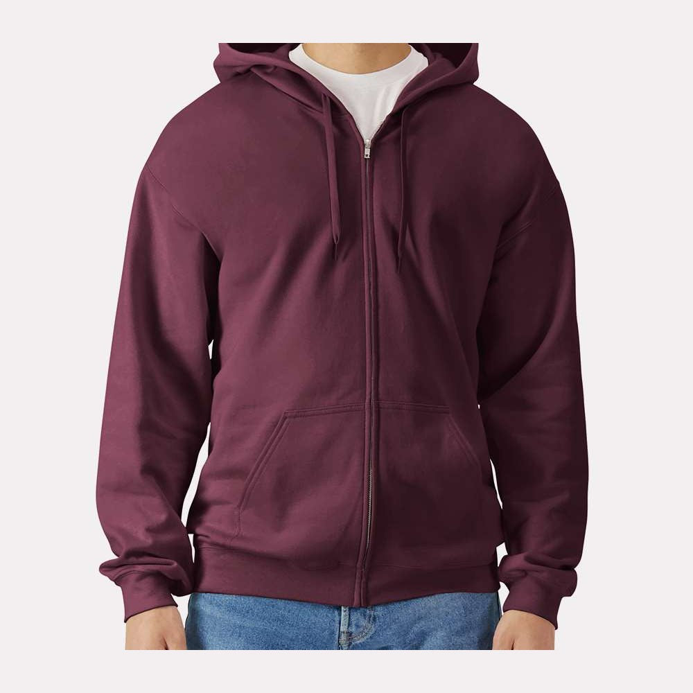 Gildan Unisex Softstyle® Midweight Full-Zip Hooded Sweatshirt Embroidery - Maroon - On Model Front