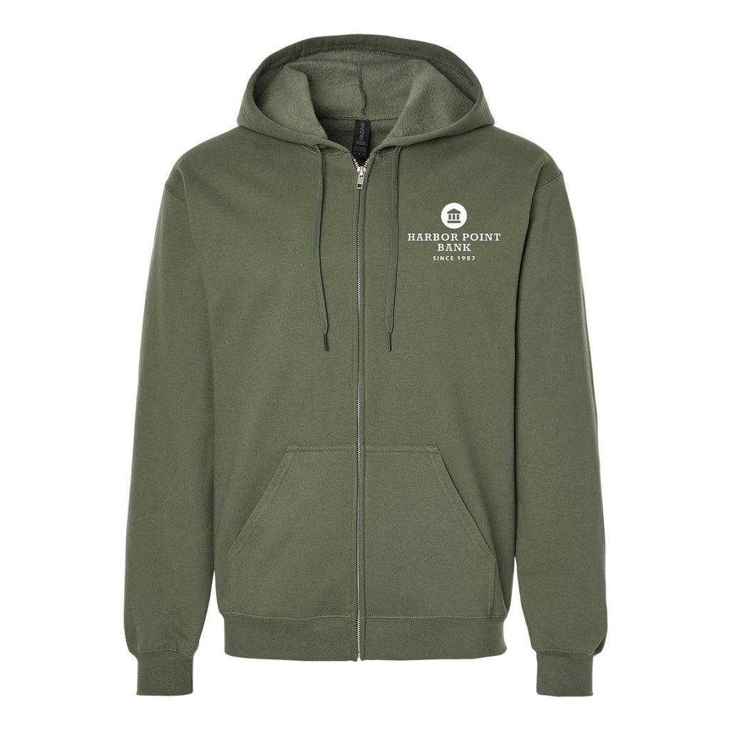 Gildan Unisex Softstyle® Midweight Full-Zip Hooded Sweatshirt Embroidery - Military Green - Front
