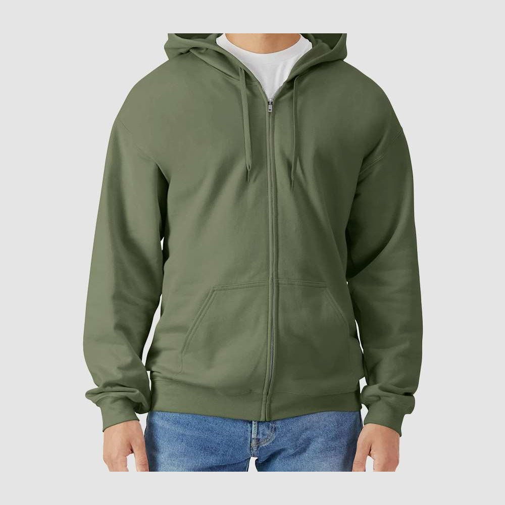 Gildan Unisex Softstyle® Midweight Full-Zip Hooded Sweatshirt Embroidery - Military Green - On Model Front