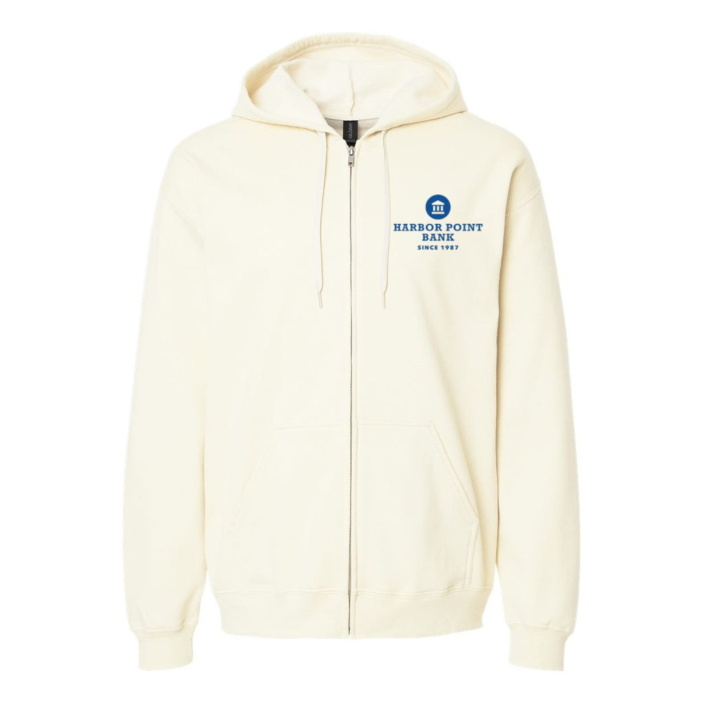Gildan Unisex Softstyle® Midweight Full-Zip Hooded Sweatshirt Embroidery - Off White - Front