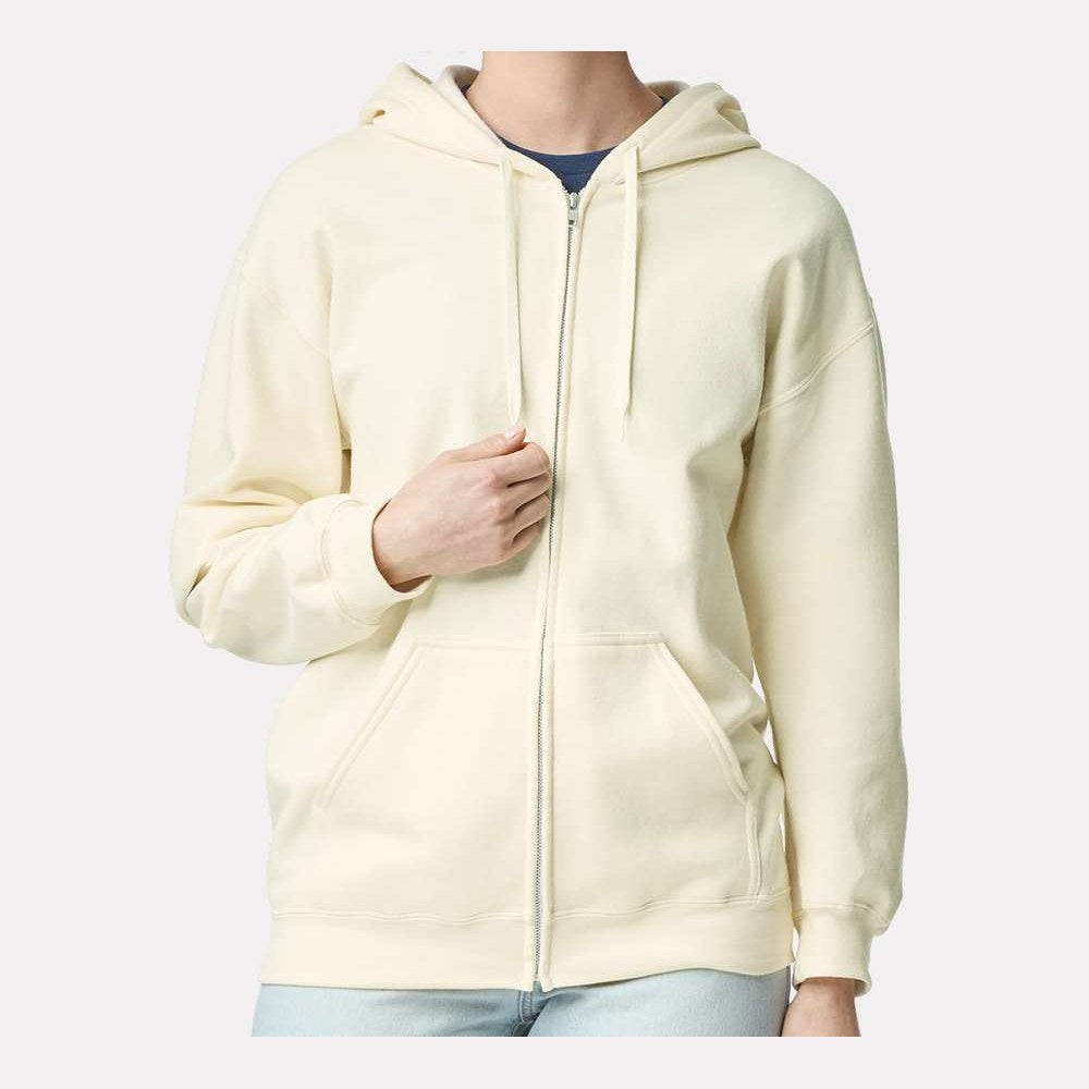 Gildan Unisex Softstyle® Midweight Full-Zip Hooded Sweatshirt Embroidery - Off White - On Model Front