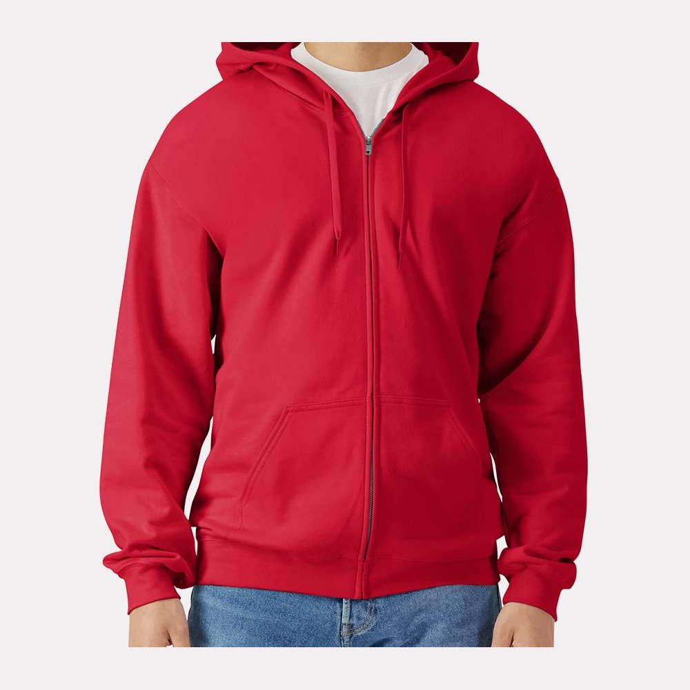Gildan Unisex Softstyle® Midweight Full-Zip Hooded Sweatshirt Embroidery - Red - On Model Front