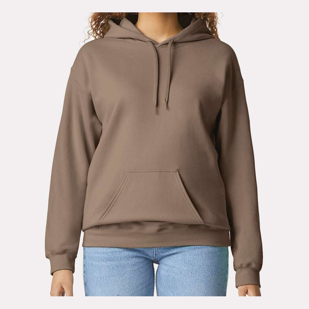 Gildan Unisex Softstyle® Midweight Hooded Sweatshirt Embroidery - Brown Savana - On Model Front
