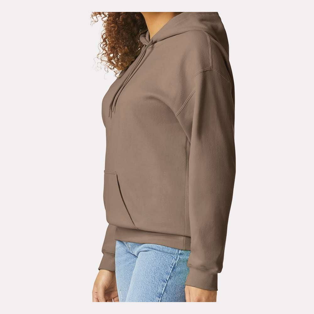 Gildan Unisex Softstyle® Midweight Hooded Sweatshirt Embroidery - Brown Savana - On Model Side