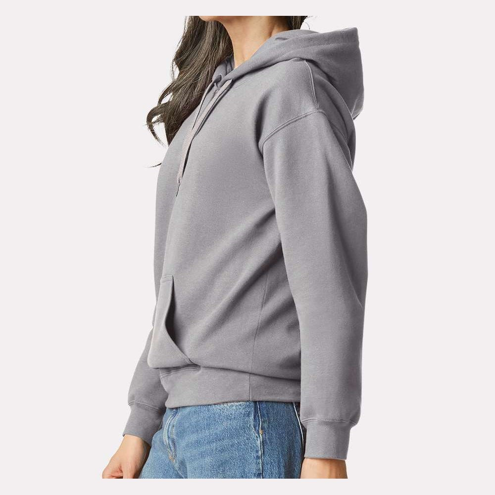 Gildan Unisex Softstyle® Midweight Hooded Sweatshirt Embroidery - Cement - On Model Side