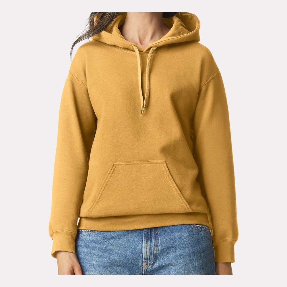 Gildan Unisex Softstyle® Midweight Hooded Sweatshirt Embroidery - Mustard - On Model Front