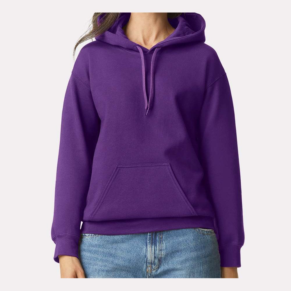 Gildan Unisex Softstyle® Midweight Hooded Sweatshirt Embroidery - Purple - On Model Front