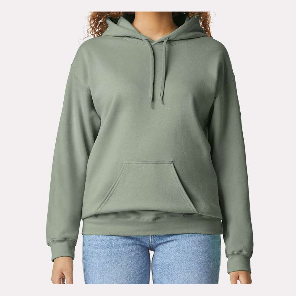 Gildan Unisex Softstyle® Midweight Hooded Sweatshirt Embroidery - Sage - On Model Front