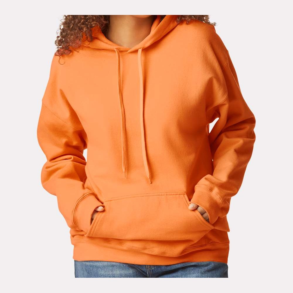 Gildan Unisex Softstyle® Midweight Hooded Sweatshirt Embroidery - Tangerine - On Model Front