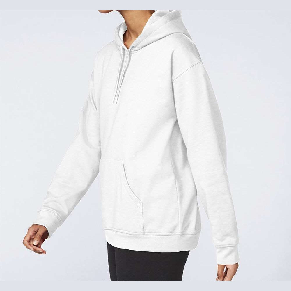 Gildan Unisex Softstyle® Midweight Hooded Sweatshirt Embroidery - White - On Model Side