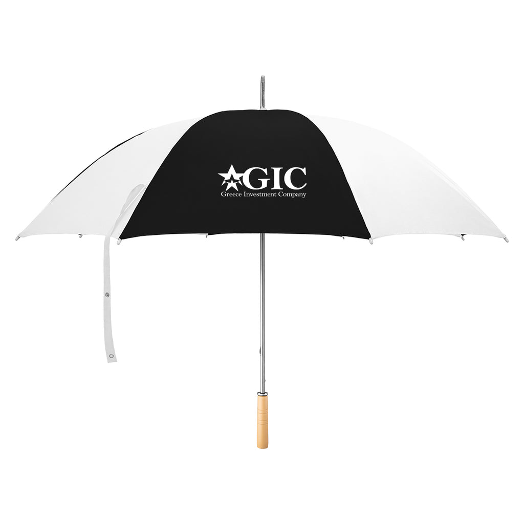 Golf Umbrella, 60 Inch Arc - White with Black - Silk Screen