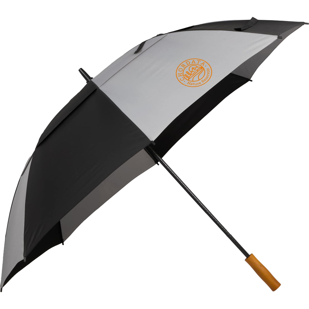 Golf Umbrella in Recycled PET with Wood Handle, 58 Inches Transfer - Black/Gray - Right Angle