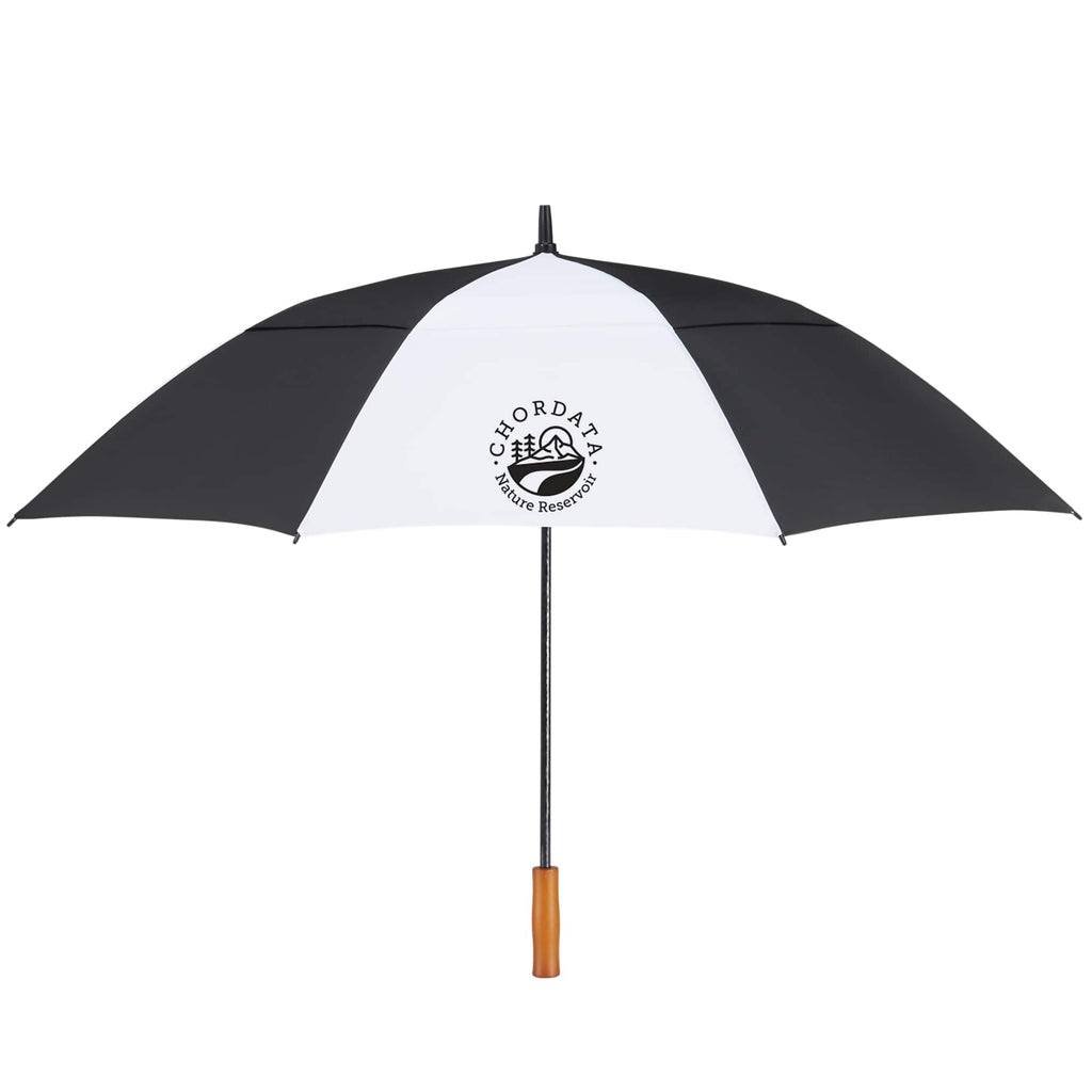 Golf Umbrella in Recycled PET with Wood Handle, 58 Inches Transfer - Black/White - Front