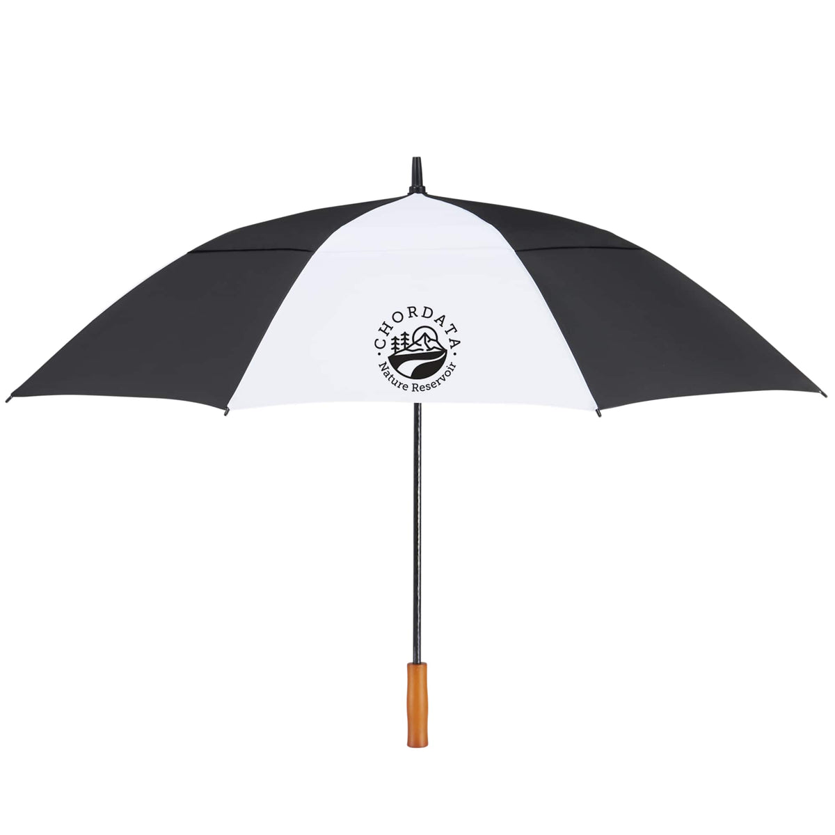 Golf Umbrella in Recycled PET with Wood Handle, 58 Inches Transfer - Black/White - Front