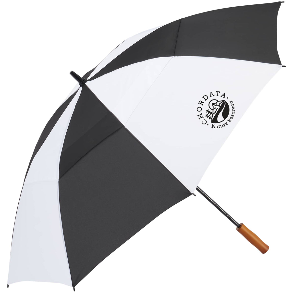 Golf Umbrella in Recycled PET with Wood Handle, 58 Inches Transfer - Black/White - Right Angle