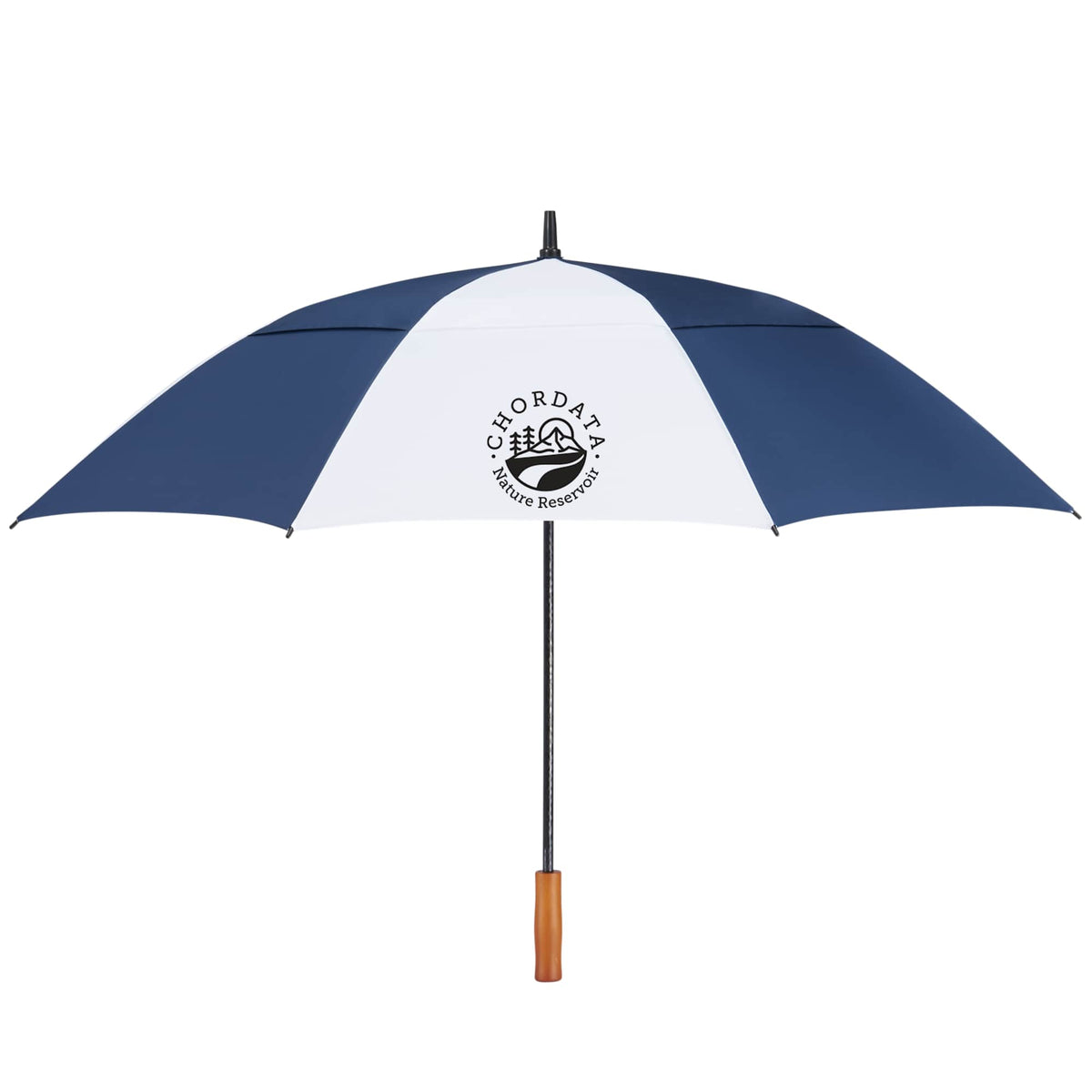 Golf Umbrella in Recycled PET with Wood Handle, 58 Inches Transfer - Navy/White - Front 2