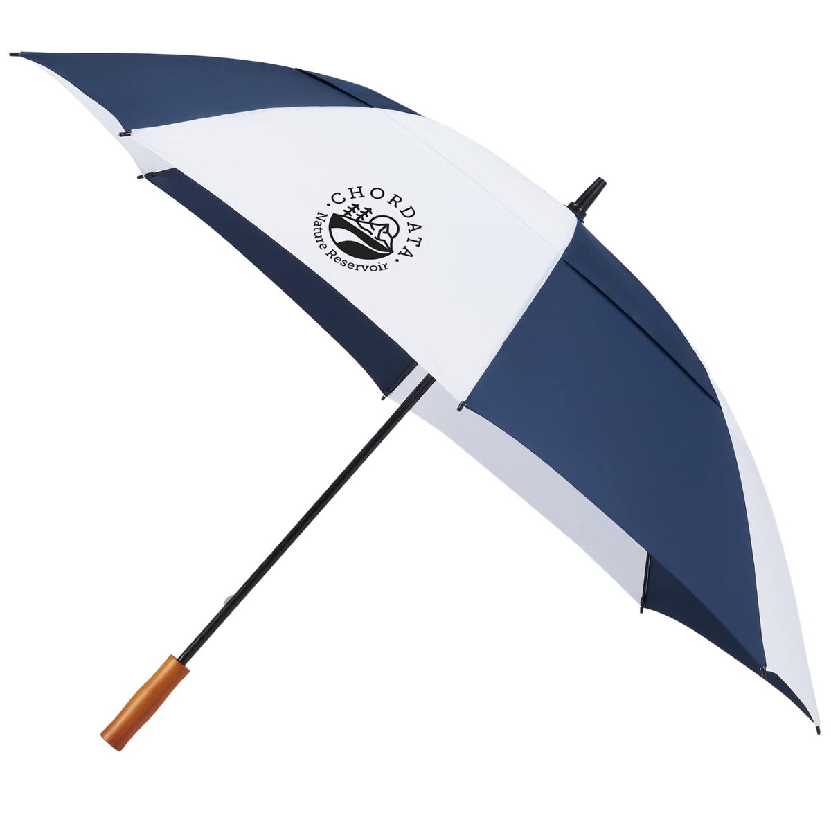 Golf Umbrella in Recycled PET with Wood Handle, 58 Inches Transfer - Navy/White - Left Angle