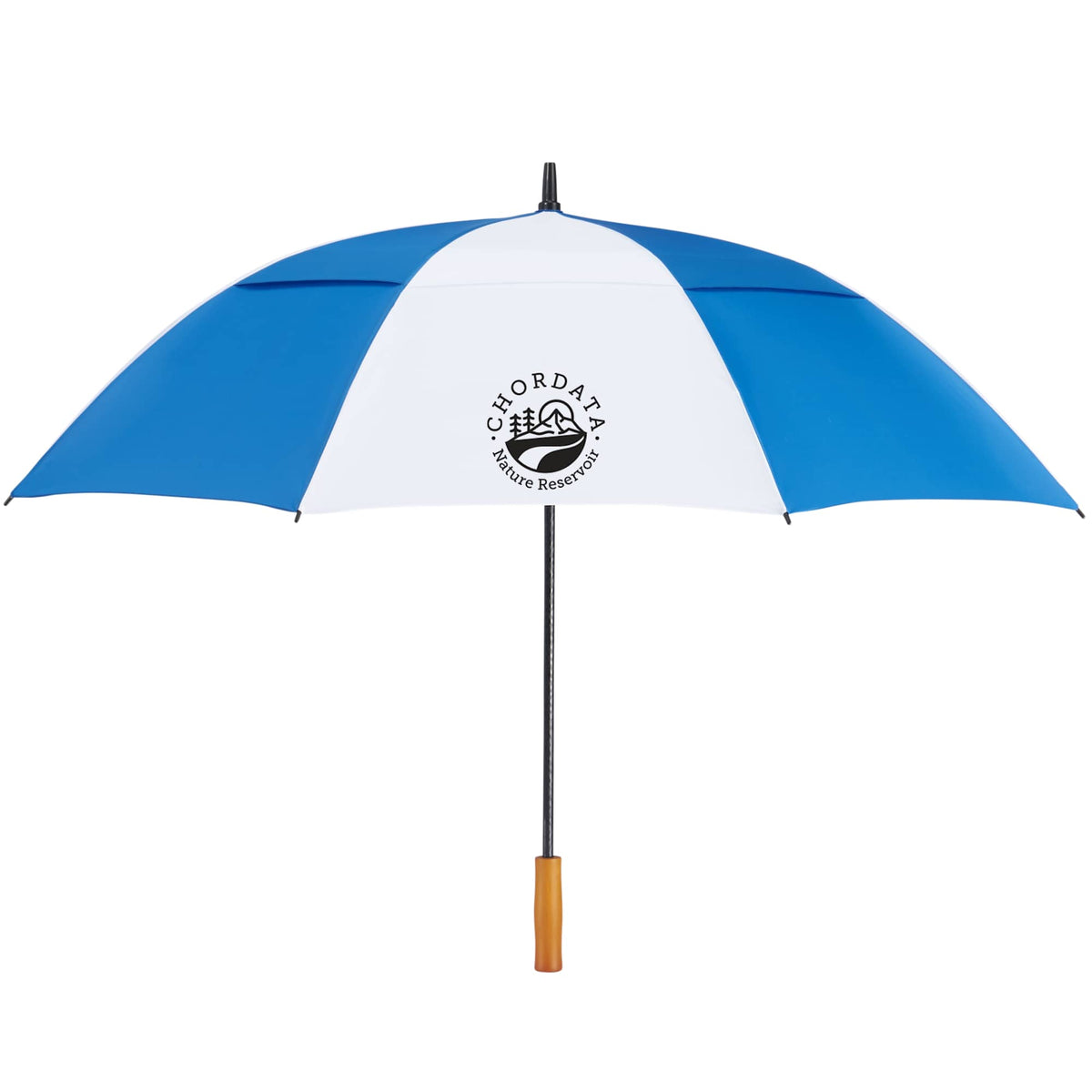 Golf Umbrella in Recycled PET with Wood Handle, 58 Inches Transfer - Royal/White - Front