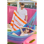 Good Vibes Cabana Stripe Beach Towel, 34 x 66 Inches - Orange - Front Lifestyle
