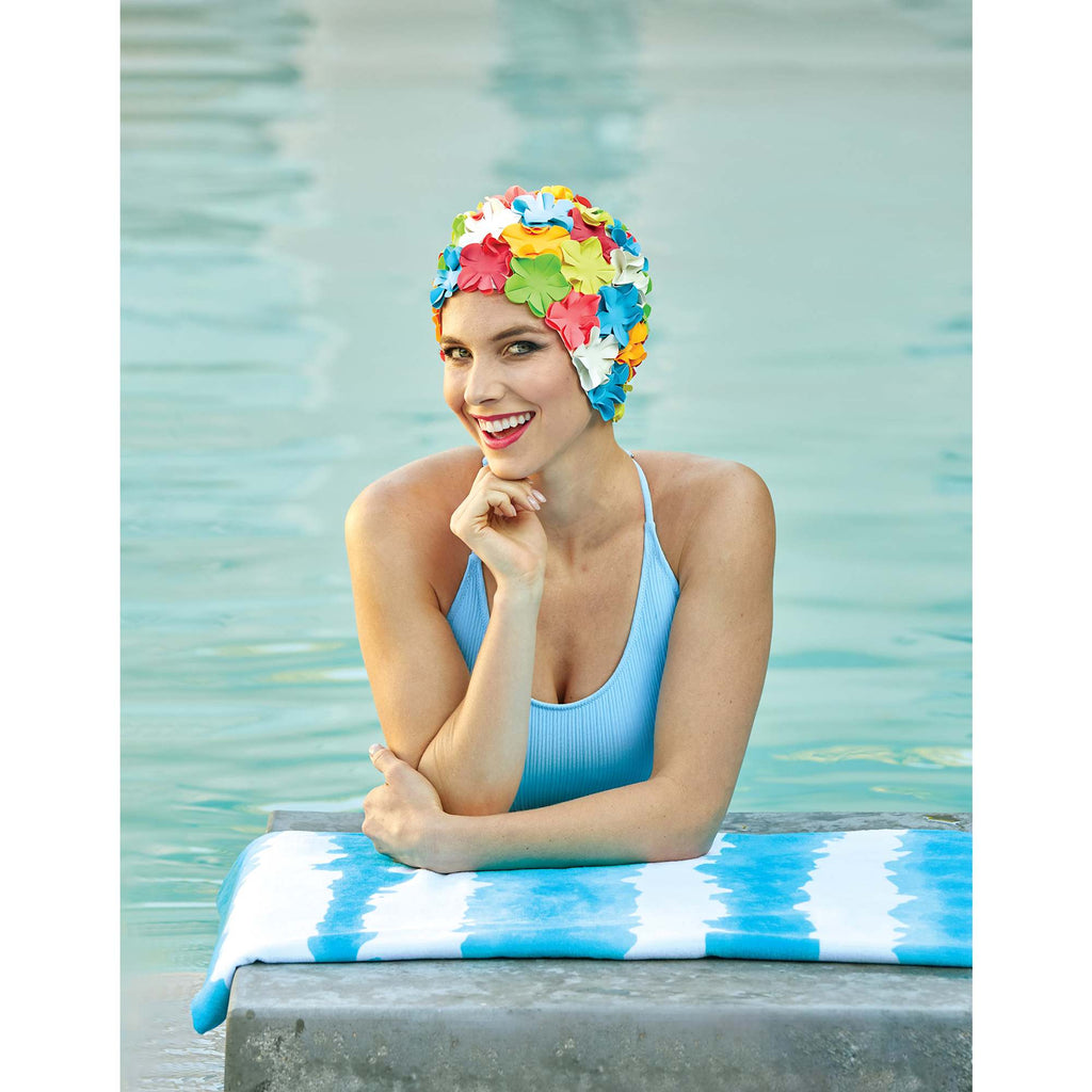Good Vibes Cabana Stripe Beach Towel, 34 x 66 Inches - Turquoise - Front Lifestyle