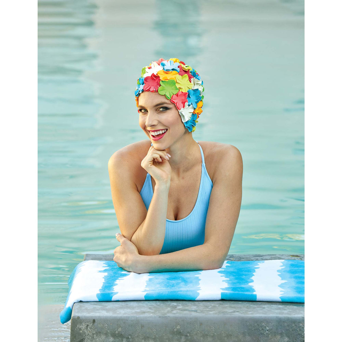 Good Vibes Cabana Stripe Beach Towel, 34 x 66 Inches - Turquoise - Front Lifestyle