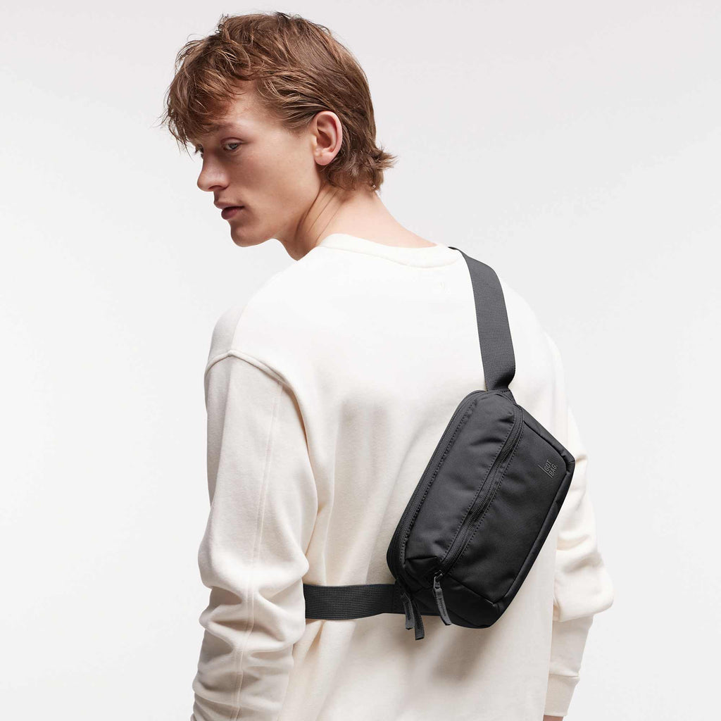 GOT BAG Sling Bag in Recycled Ocean Plastic, 2.4 L Embroidery - Black - Front On Model