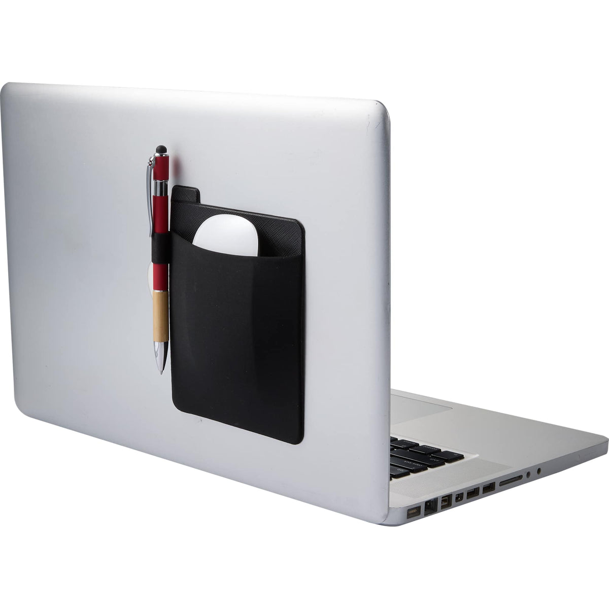 Grab and Go Stick-On Mouse Pouch for Laptops Full Color - Black - Propped 4