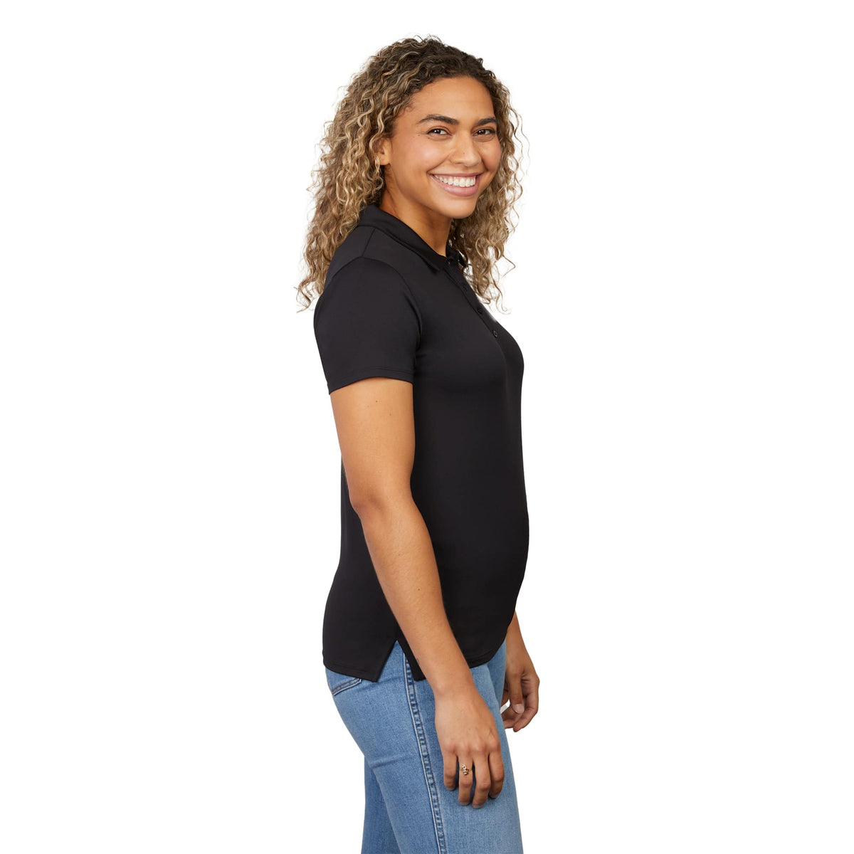 Greatness Wins Athletic Tech Polo for Women Laser Engraving - GW Black - Right Side On Model