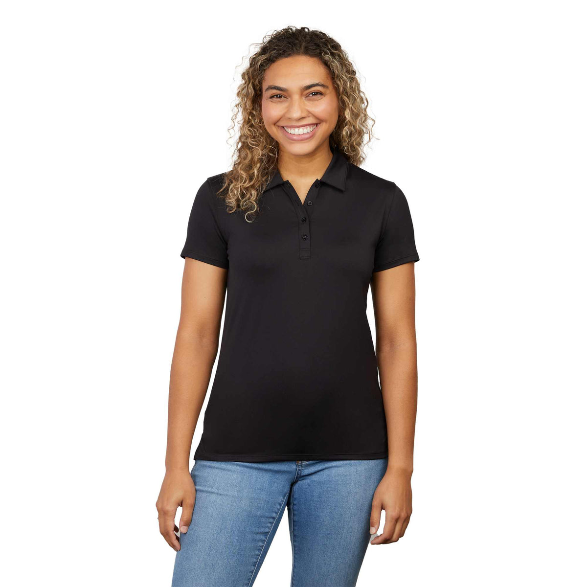Greatness Wins Athletic Tech Polo for Women Transfer - GW Black - Front On Model