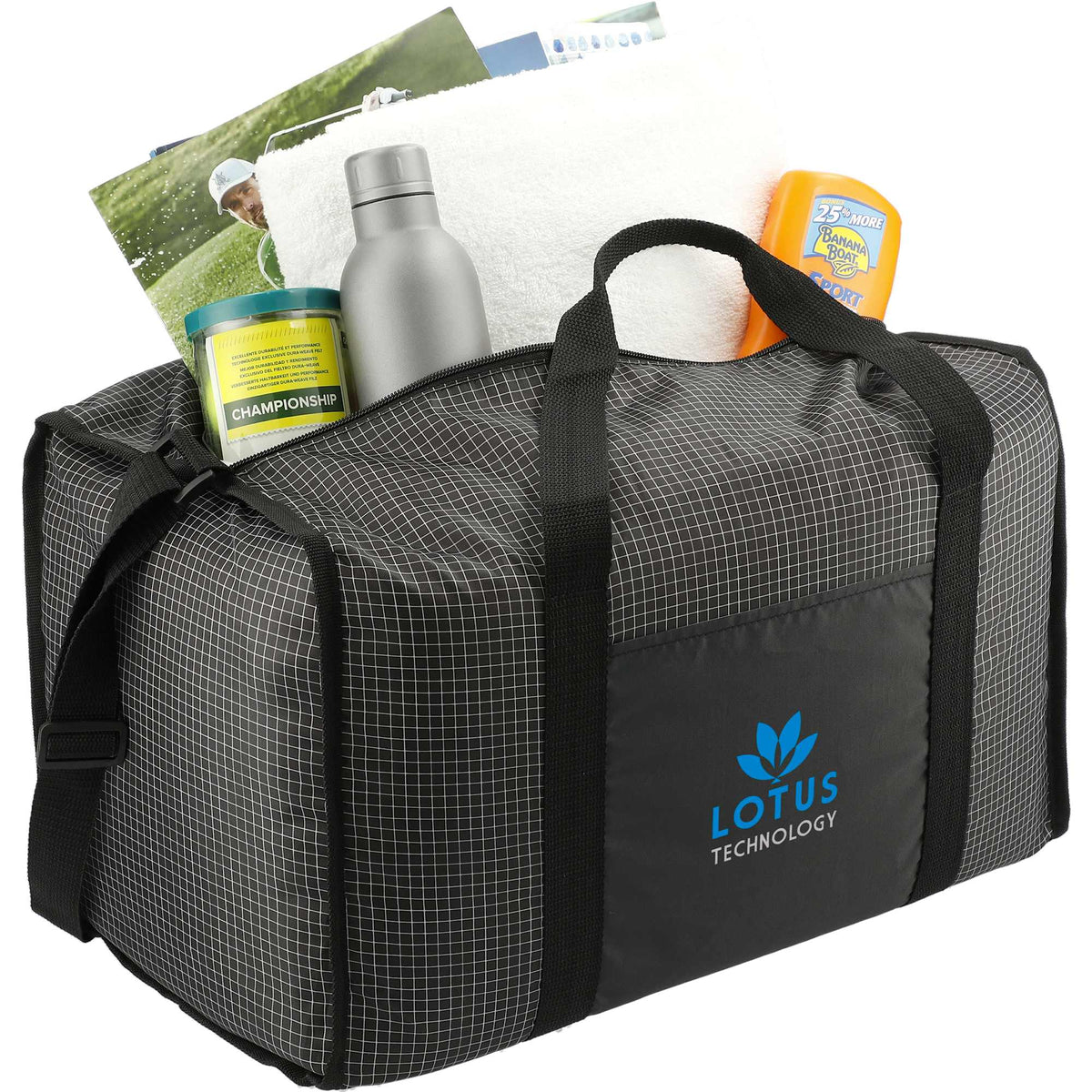 Grid Boxy Duffel Bag in Polyester Full Color - Black - Right Angle 2