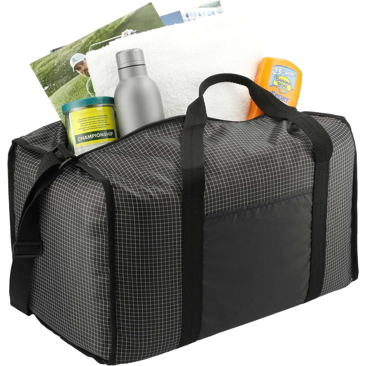 Grid Boxy Duffel Bag in Polyester Full Color - Black - Right Angle 4