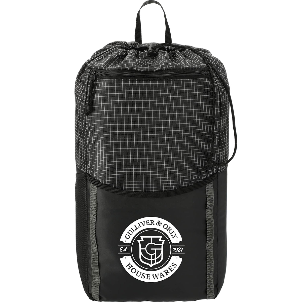 Grid Drawstring Backpack, 14L Full Color - Black - Front