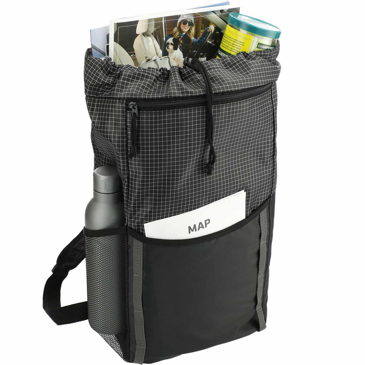 Grid Drawstring Backpack, 14L Full Color - Black - Right Angle 4