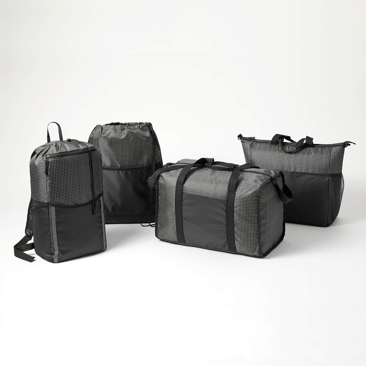 Grid Drawstring Bag with Zip Pocket Full Color - Black - Front 2