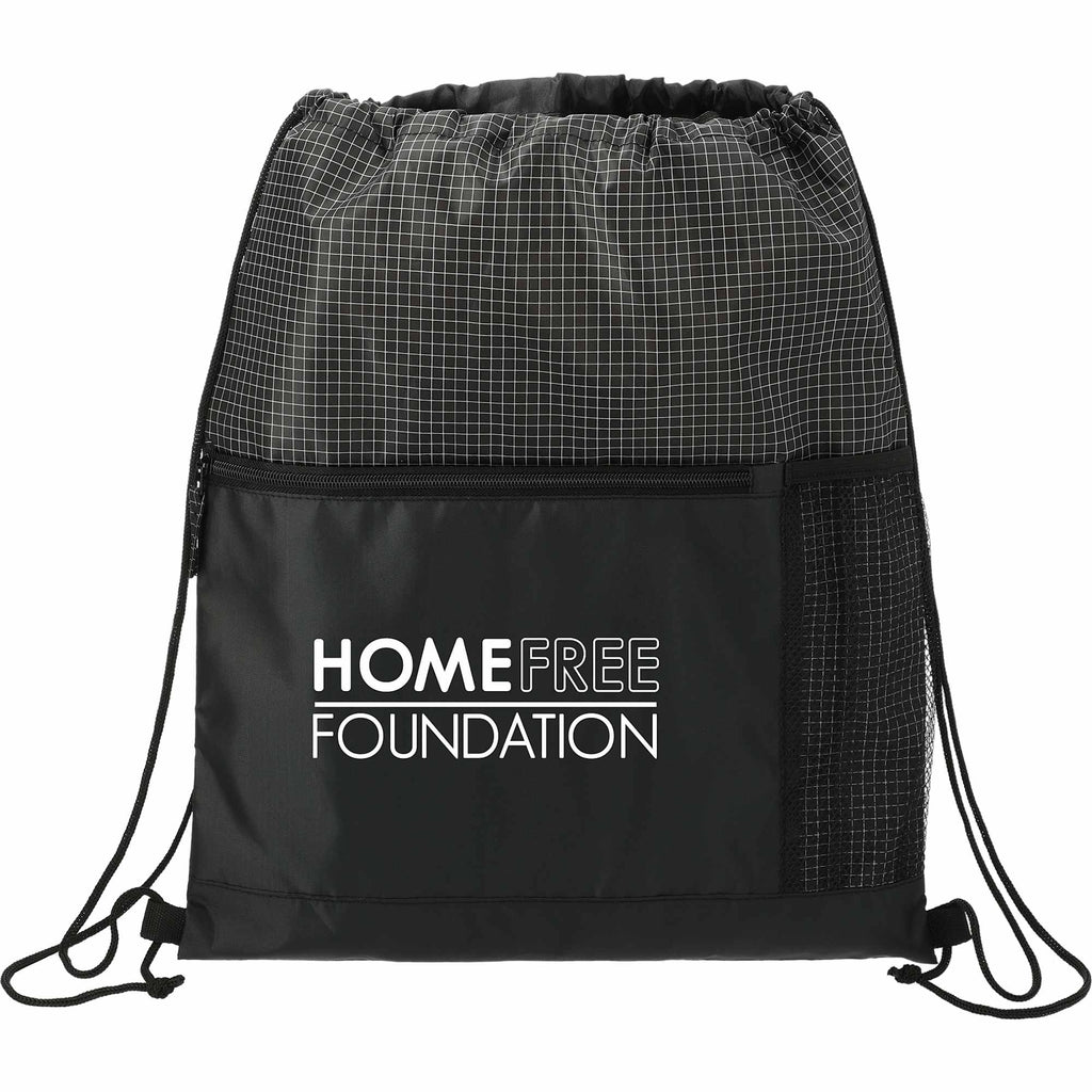 Grid Drawstring Bag with Zip Pocket Full Color - Black - Front