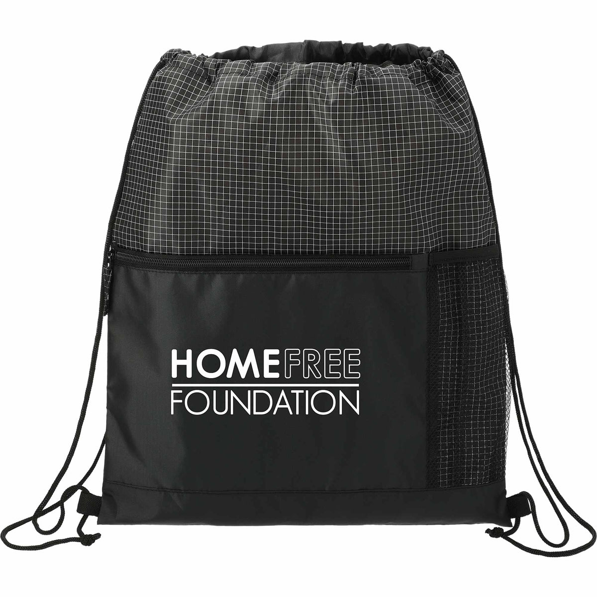 Grid Drawstring Bag with Zip Pocket Full Color - Black - Front