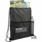 Grid Drawstring Bag with Zip Pocket Full Color - Black - Right Angle 2