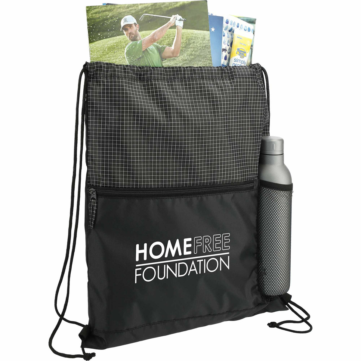 Grid Drawstring Bag with Zip Pocket Full Color - Black - Right Angle 2