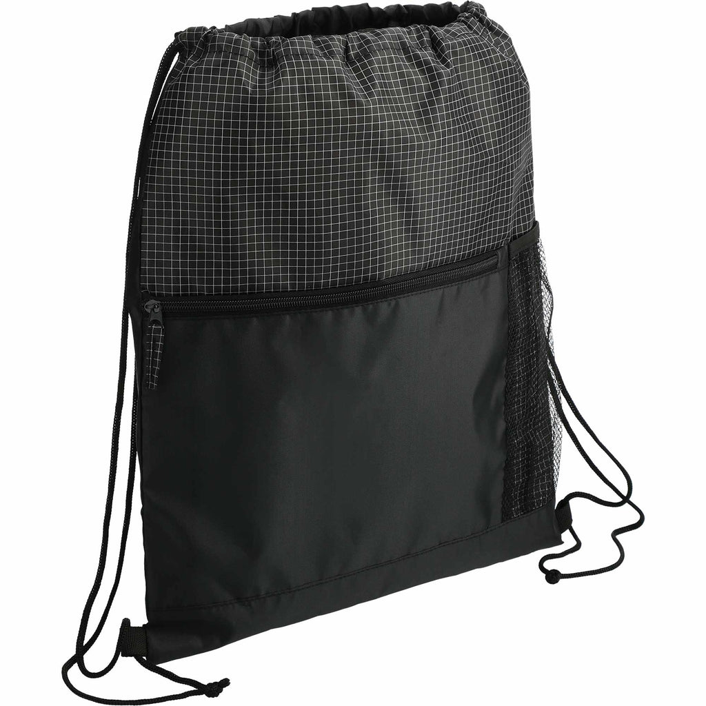 Grid Drawstring Bag with Zip Pocket Full Color - Black - Right Angle 3