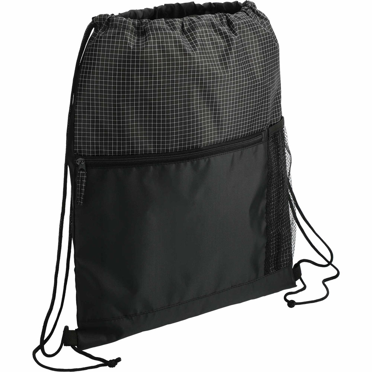 Grid Drawstring Bag with Zip Pocket Full Color - Black - Right Angle 3