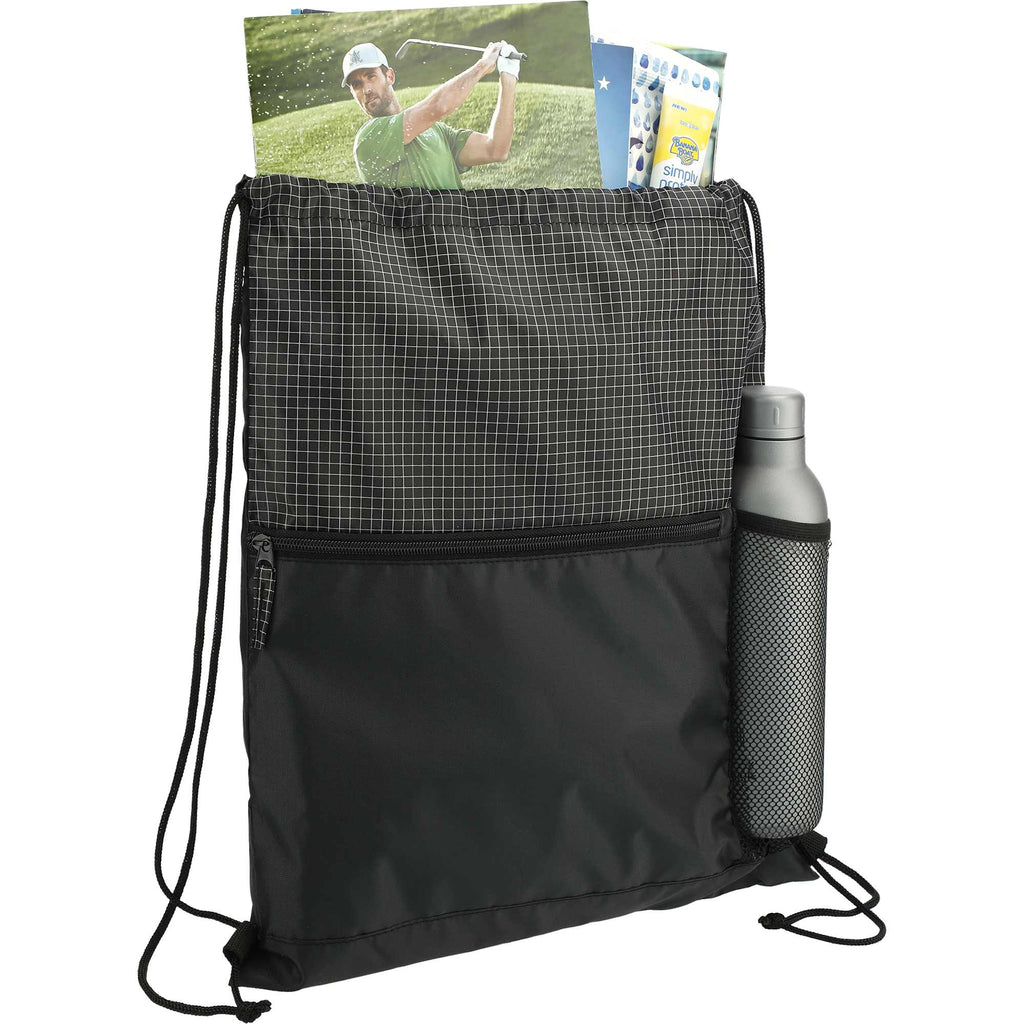 Grid Drawstring Bag with Zip Pocket Full Color - Black - Right Angle 4